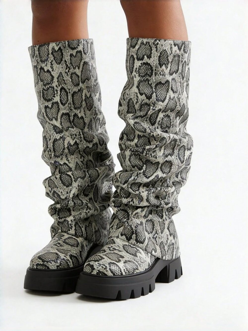 Snakeskin Women's Platform Slouchy Knee High Slip-On Boots - Picture 8 of 10